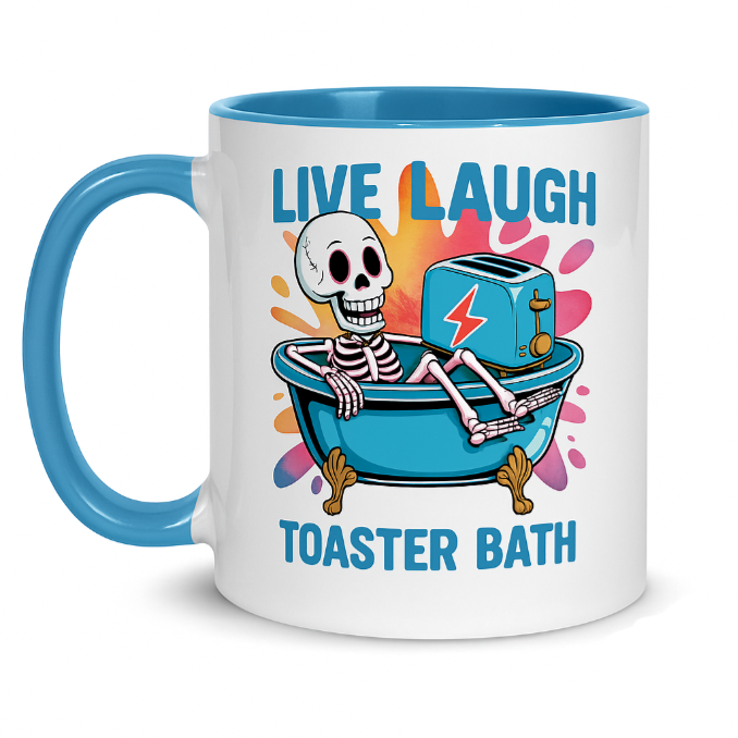 “Live Laugh Toaster Bath” Mug – Dark Humour Skeleton Design – Hand Printed in the UK