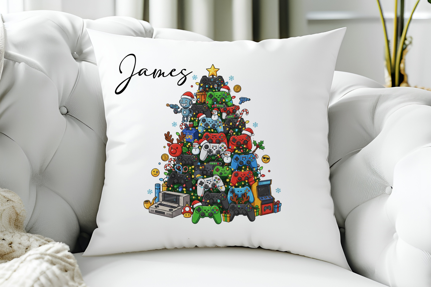 Velvet Gamer Cushion ; Christmas Tree Controller Edition (Personalised)