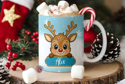 Personalised Hand-Printed Reindeer Mug — Blue or Pink