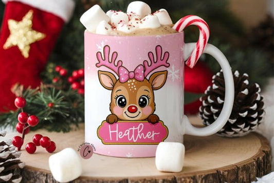 Personalised Hand-Printed Reindeer Mug — Blue or Pink