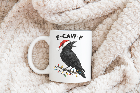 “F-KAW-F” Christmas Crow Mug – 11oz Ceramic | Hand-Printed, Dishwasher & Microwave Safe